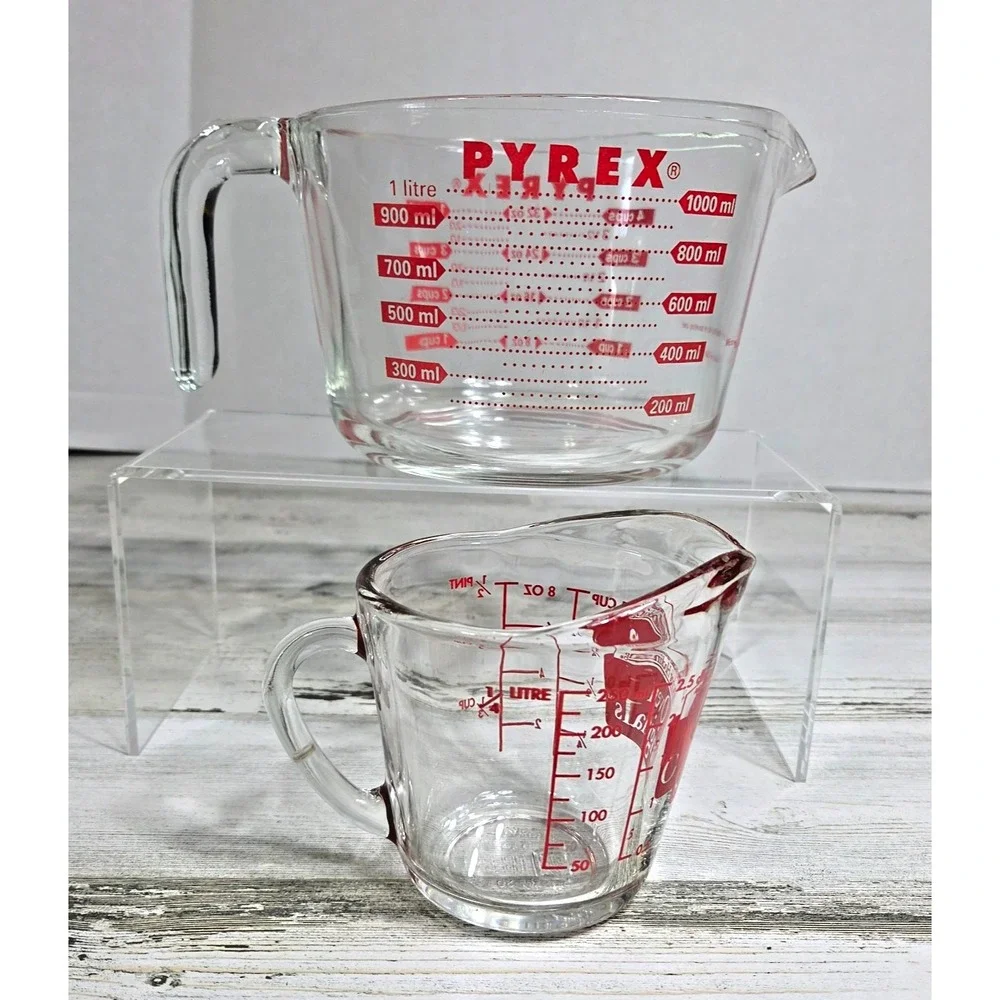 Vintage Pyrex 4 Cup & Anchor Hocking 1 Cup Measuring Cups Set Red Letters CHIP